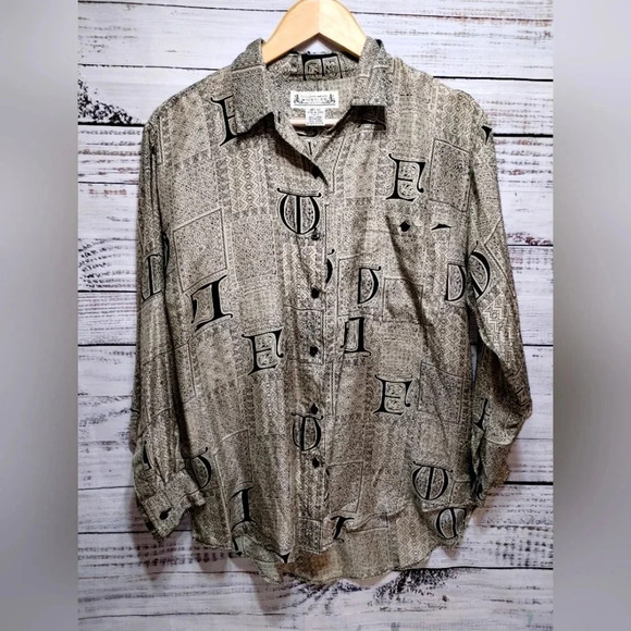 Whistles Silk Blouse size Small in Gold/Black Symbols‎ Button Down Casual - Picture 1 of 5